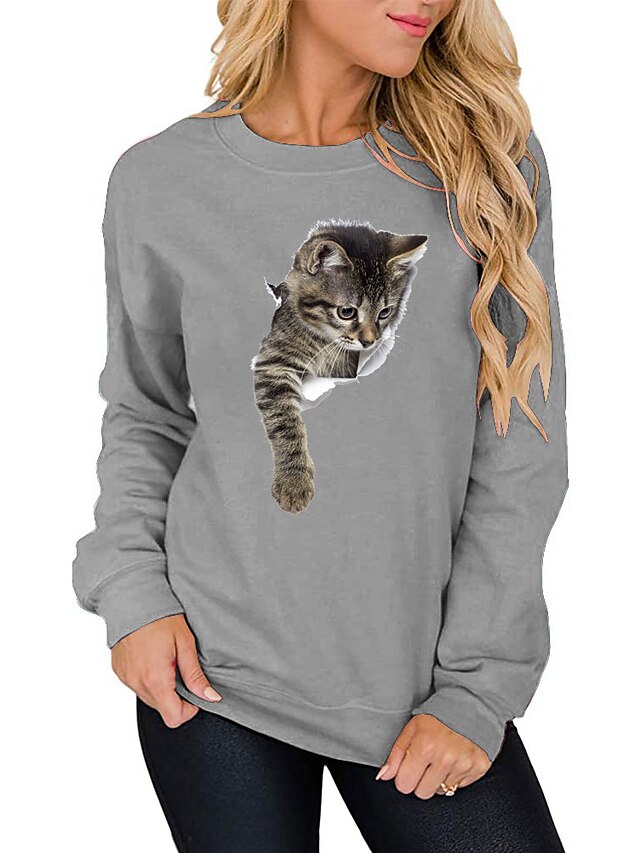  Women's Cat Graphic Animal Sweatshirt Print Hot Stamping Sports & Outdoor Casual Daily Basic Hoodies Sweatshirts  Wine Red Black Gray