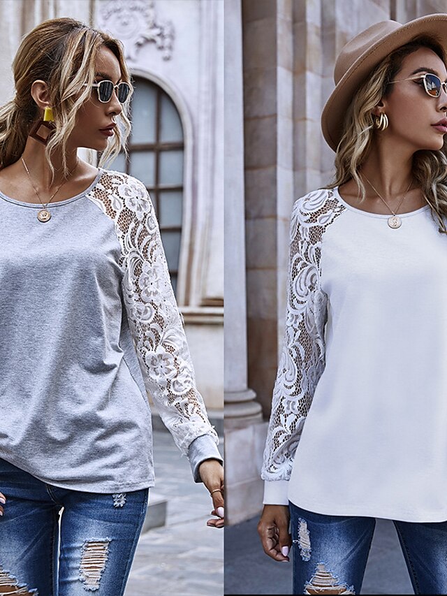  Women's Blouse Patchwork Hole Lace Lace Round Neck Spring &  Fall Regular Light Coffee Black Grey Light Grey Beige