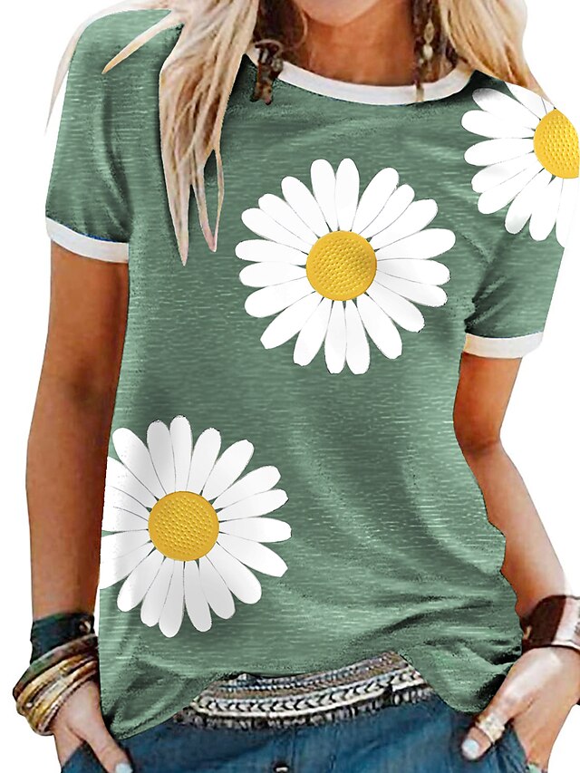  Women's T shirt Tee Floral Sunflower Daisy Yellow Red Blue Short Sleeve Daily Round Neck Loose Fit Summer
