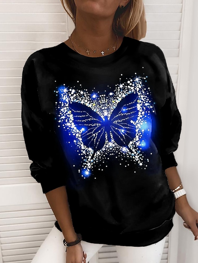  Women's Sweatshirt Pullover Butterfly Sparkly Glittery Casual Sports Print Pink Red Blue Active Streetwear Round Neck Long Sleeve Without Lining Micro-elastic Fall & Winter