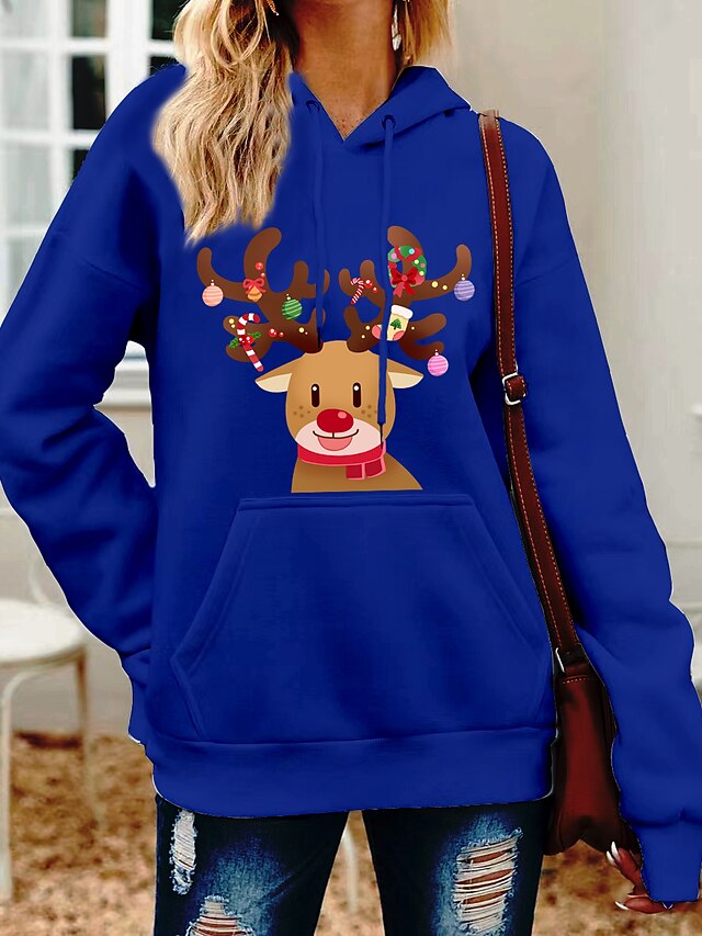  Women's Reindeer Elk Rudolph Hoodie Sweatshirt Front Pocket Print Hot Stamping Christmas Christmas Gifts Casual Active Streetwear Cotton Hoodies Sweatshirts  Royal Blue Brown White