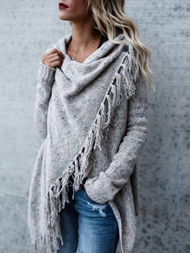  Women's Cloak Capes Solid Color Tassel Knitted Stylish Vintage Style Basic Long Sleeve Loose Sweater Cardigans Fall Winter Crew Neck Army Green Khaki Light gray / Going out / Beach