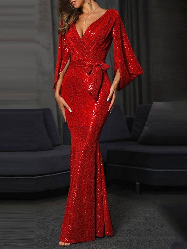  Women's Maxi long Dress Sheath Dress Red Long Sleeve Sequins Split Lace up Solid Color V Neck Fall Winter Party Elegant Formal Sexy 2021 S M L XL XXL / Party Dress