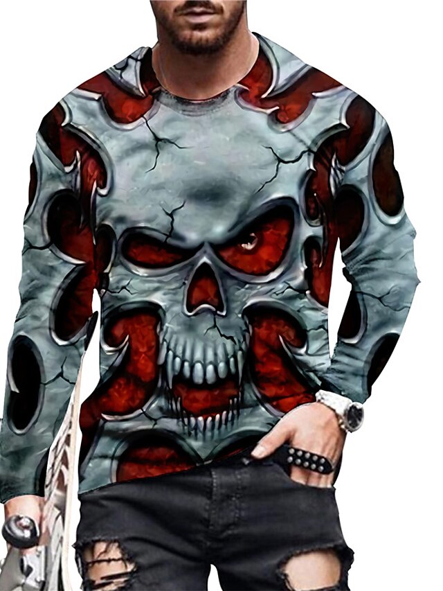  Men's Unisex Daily 3D Print T shirt Graphic Prints Skull Long Sleeve Print Tops Casual Designer Big and Tall Gray