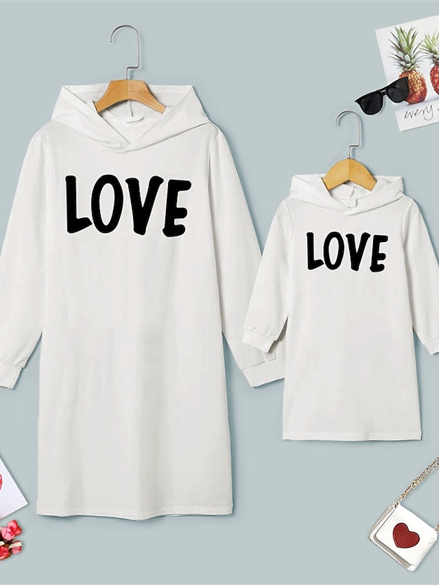  Mommy and Me Dresses Daily Letter Print White Above Knee Long Sleeve Daily Matching Outfits / Fall / Winter / Cute