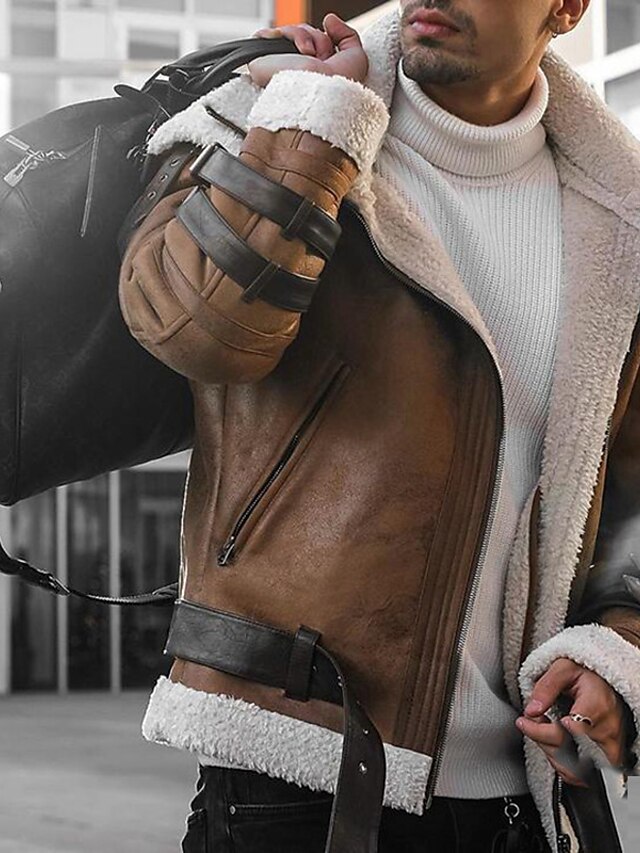  Men's Jacket Full Zip Fur Trim Pocket Regular Coat Brown Street Sporty Zipper Fall Turndown Regular Fit S M L XL XXL 3XL / Faux Leather / Winter / Long Sleeve