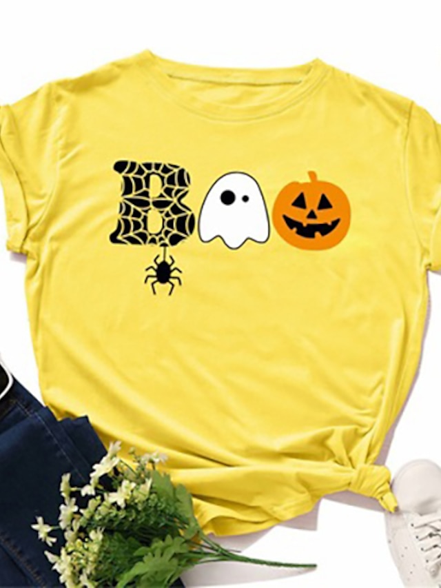  Dame Halloween T-shirt Grafisk Grafiske tryk Græskar Trykt mønster Rund hals Toppe 100 % bomuld Basale Halloween Grundlæggende top Hvid Lilla Rød