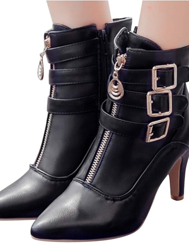 Women's Boots Plus Size Heel Boots Daily Solid Colored Booties Ankle Boots Winter Buckle Kitten Heel Pointed Toe Classic PU Leather Zipper Black White Red