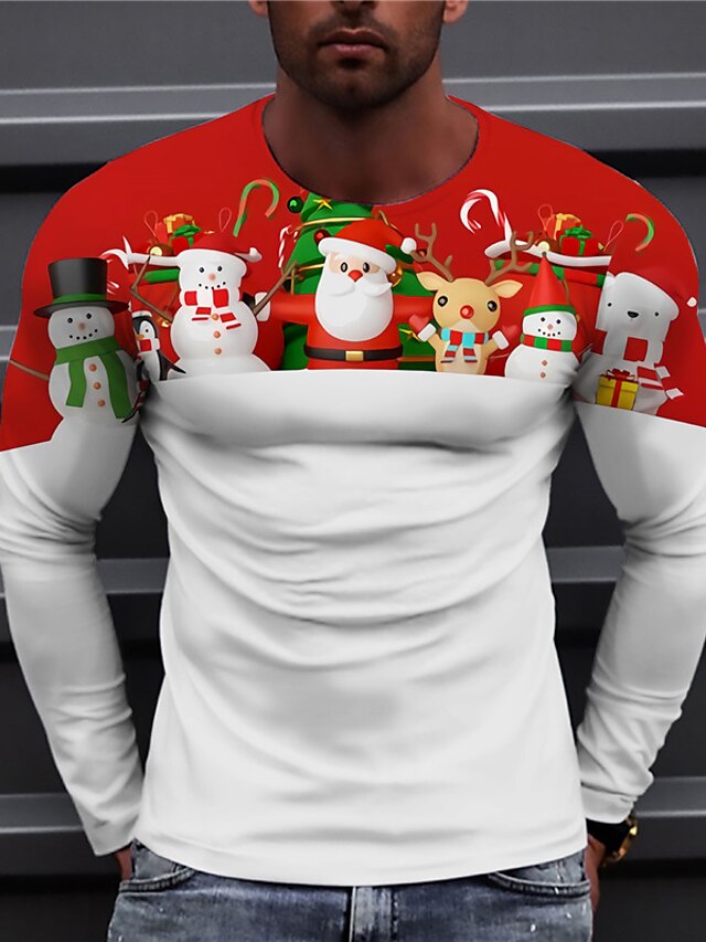  unisex t-skjorte for menn 3d-trykk grafiske utskrifter julenissen snømann-trykk lange ermede topper uformell designer stor og høy rød/hvit