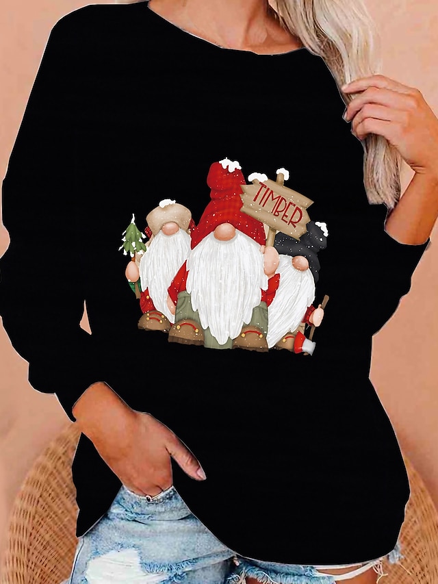  Women's Sweatshirt Pullover Christmas Sweatshirt Santa Claus Text Gnome Streetwear Christmas Print Black White Red Christmas Gifts Christmas Crew Neck Long Sleeve Without Lining Micro-elastic
