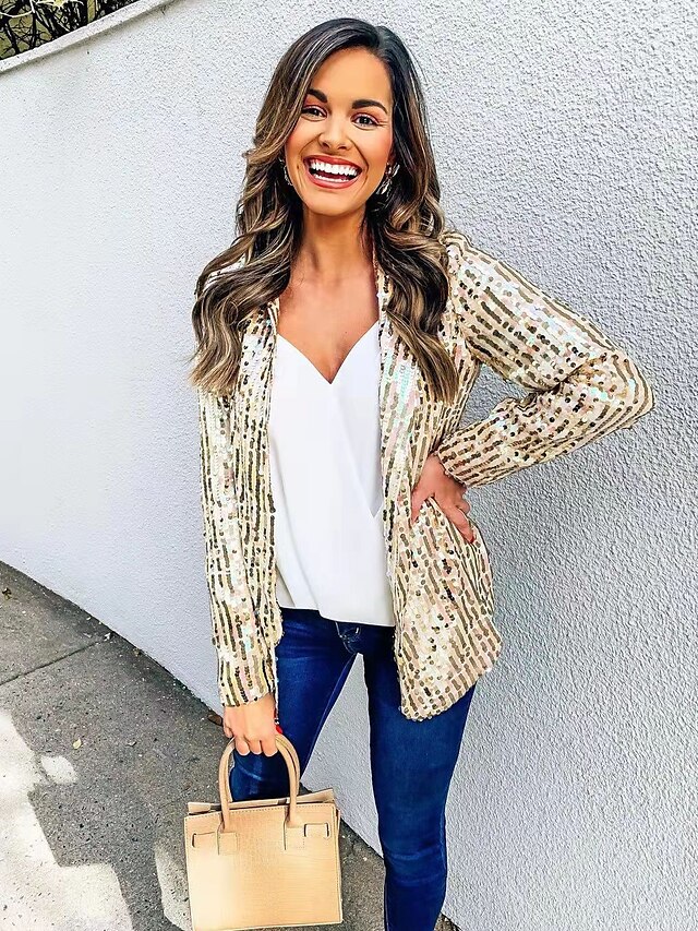  Women's Spring Sparkly Sequins Long Sleeve Glamorous Jacket