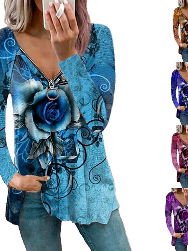  Mulheres Blusa Zíper Imprimir Clássico Multi-Côr Decote em Y Primavera & Outono Normal Café Claro Roxo Rosa Azul Royal Azul Escuro
