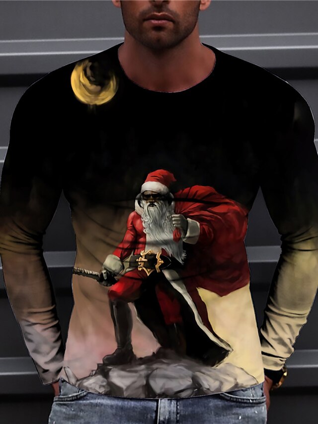  Camiseta unisex para hombre con estampado 3d, estampado gráfico de Papá Noel, tops de manga larga, diseñador informal, grande y alto, negro