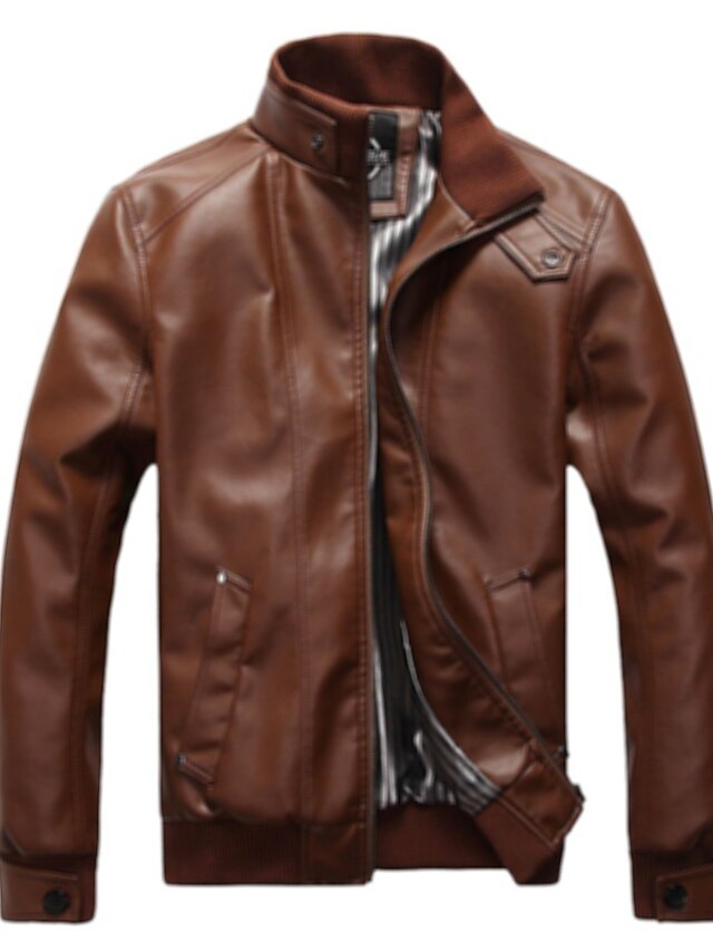  Men's Faux Leather Jacket Basic Daily Coat Regular PU Black Brown Spring Stand Collar M L XL XXL 3XL 4XL / Long Sleeve
