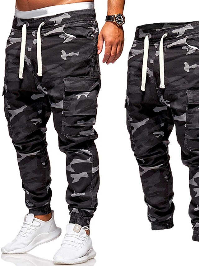  Homens Calças Cargo Calça cargo Corredores Corredor Calças Côr Camuflagem Com Cordão Cintura elástica Bolso multi Esportes Casual Preto camuflagem verde Micro-Elástica