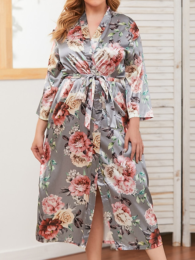  Women's Plus Size 1 pc Pajamas Robes Gown Bathrobes Simple Hot Retro Flower Satin Home Party Wedding Party V Wire Breathable Gift Long Sleeve Print Fall Spring Belt Included Light gray / Spa