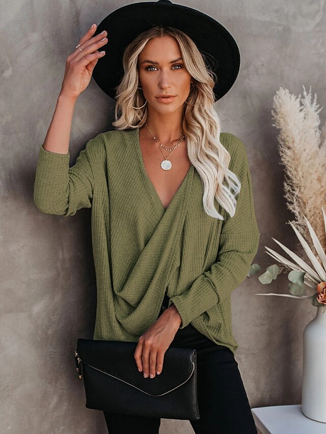  Women's Blouse Plain V Neck Patchwork Elegant Streetwear Tops Loose Army Green Black Gray