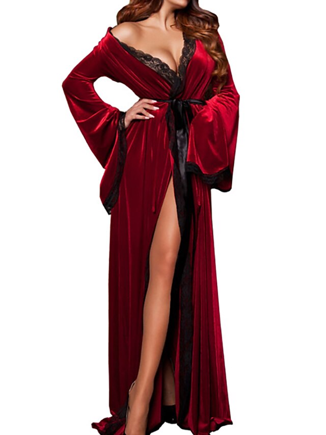  Women's Pajamas Bathrobe Robes Gown Nightgown 1 PCS Pure Color Fashion Simple Comfort Home Christmas Daily Velvet Breathable Gift V Wire Long Sleeve Dress Basic Fall Winter Red