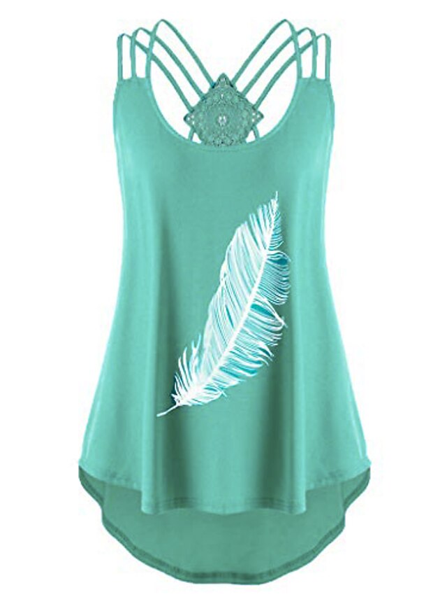  women feather print tank tops sleeveless bandages strappy side shirring shrit blouse green