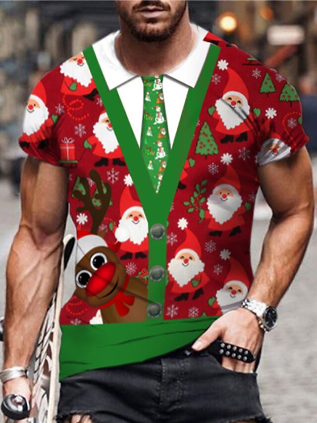  unisex t-skjorte for menn 3d-trykk grafiske utskrifter julenissen-trykk kortermede topper uformell designer stor og høy rød / sommer