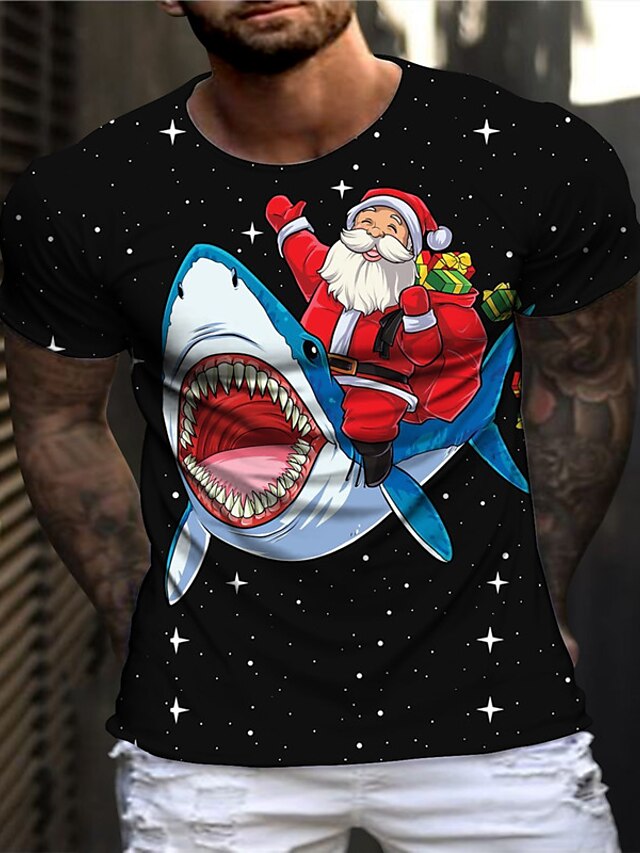  Men's Unisex  T shirt 3D Print Graphic Prints Santa Claus Shark Print Short Sleeve Tops Casual Designer Big and Tall Black / Summer