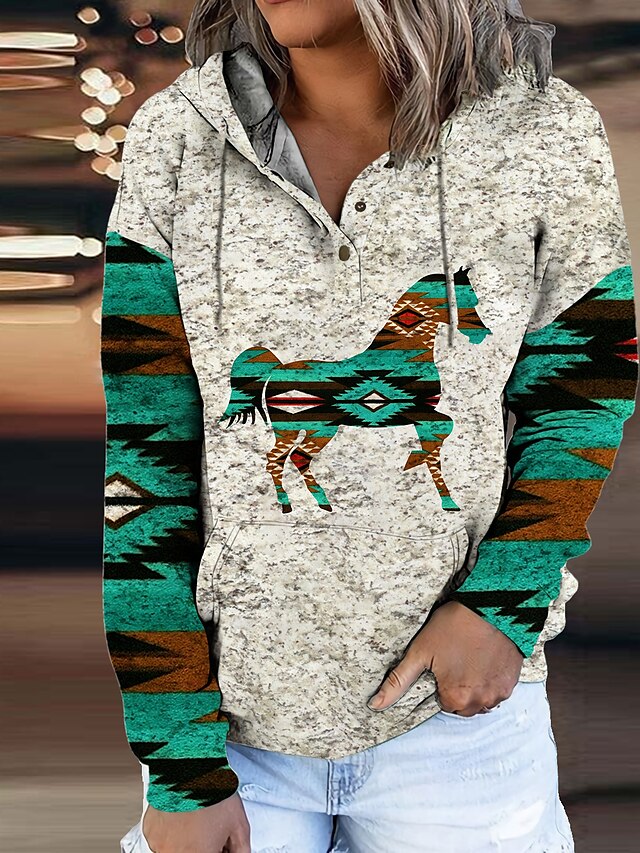 Femme Cheval Animal Sweat à capuche Sweat-shirt Poche avant Imprimer 3D effet du quotidien Des sports Ethnique Vêtement de rue Pulls Capuche Pulls molletonnés Gris
