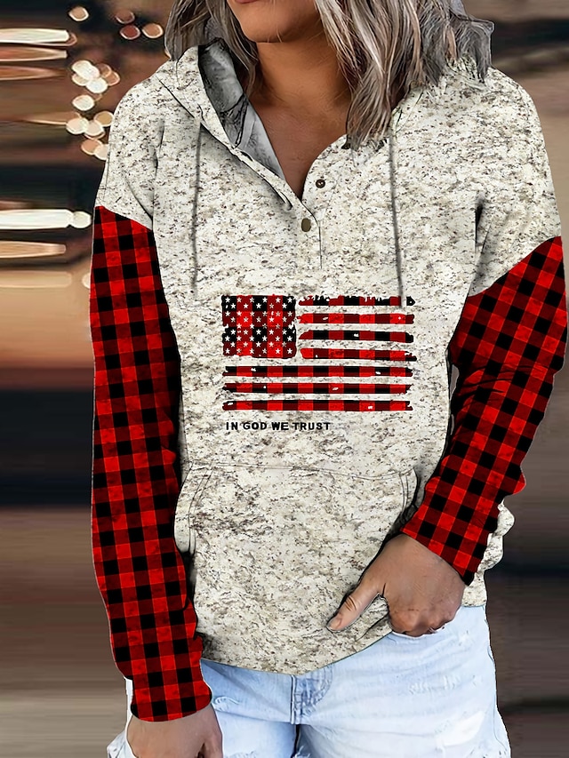  Women's Plaid Checkered American US Flag Text Hoodie Sweatshirt Front Pocket Print Daily Sports Active Streetwear Hoodies Sweatshirts  Gray