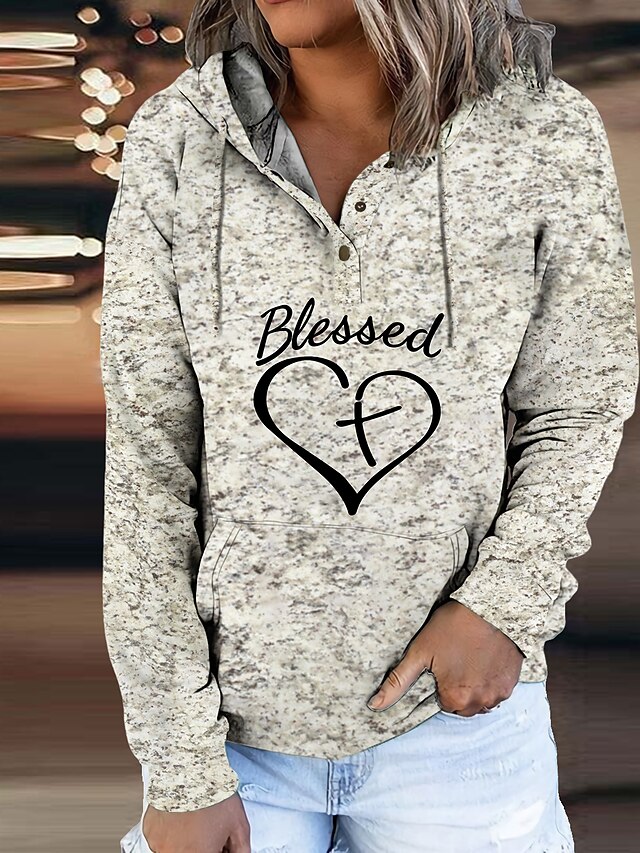  Women's Heart Text Hoodie Sweatshirt Front Pocket Print Daily Sports Active Streetwear Hoodies Sweatshirts  Gray