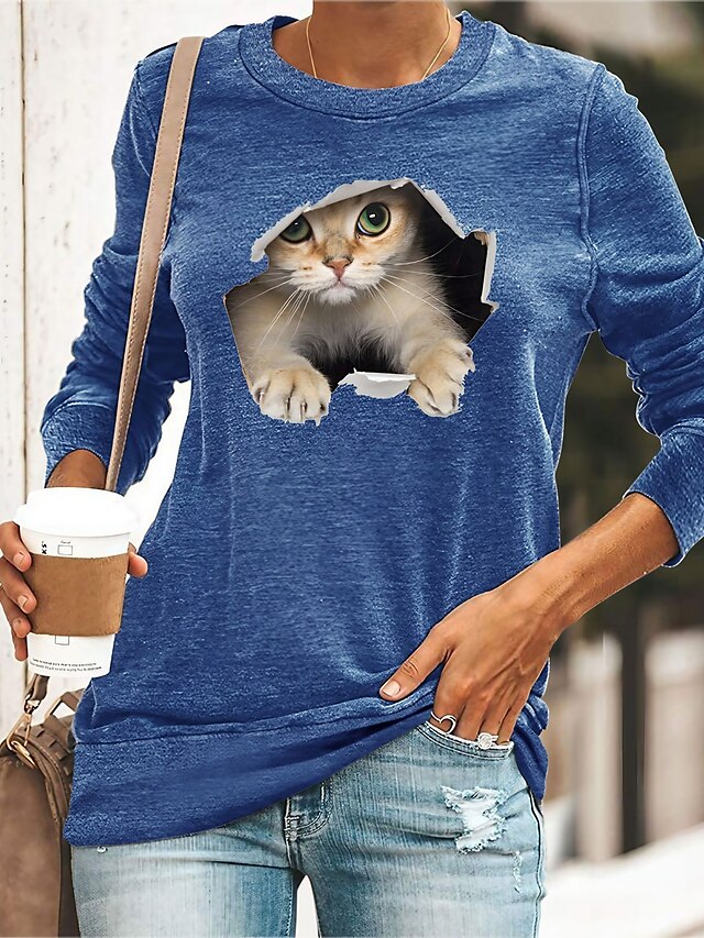  Dame 3D kat T-shirt Kat Grafisk 3D Langærmet Trykt mønster Rund hals Basale Toppe Sort Blå Gul