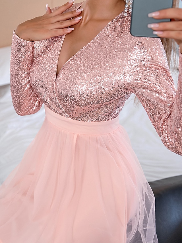  Women's Short Mini Dress Sheath Dress Blushing Pink Long Sleeve Sequins Lace Solid Color V Neck Fall Spring Party Stylish 2021 S M L