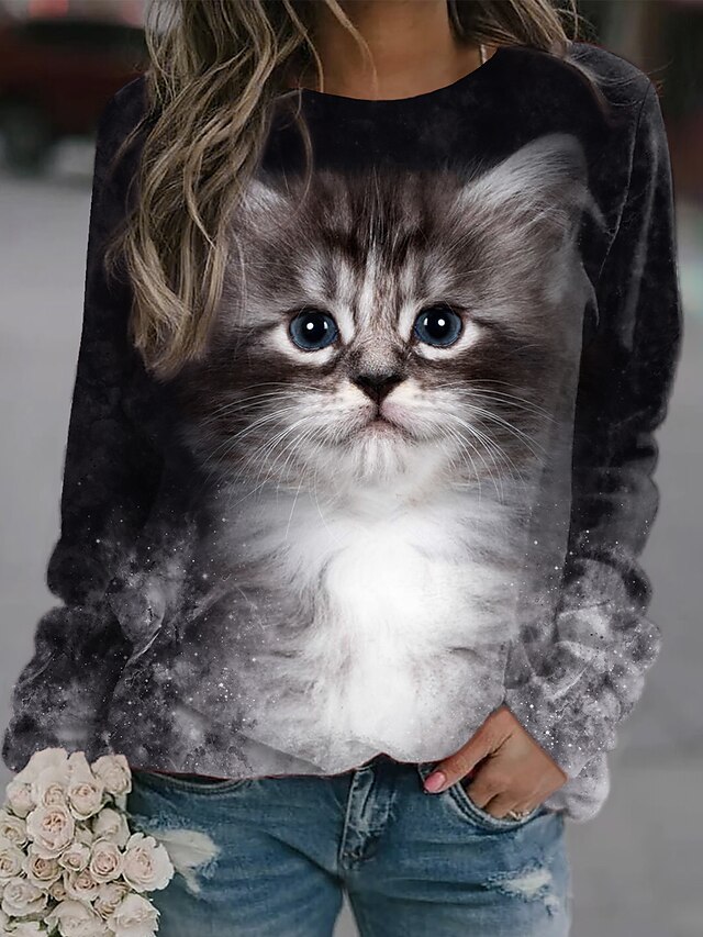  Damen Sweatshirt Pullover Zur Seite fahren Bedruckt Aktiv Strassenmode Grau Katze 3D Casual Langarm Rundhalsausschnitt