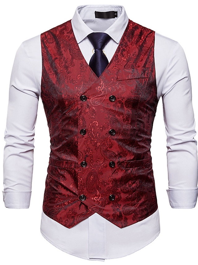  Men's Vest Waistcoat Formal Wedding Party Stage Smart Casual Polyester Geometric V Neck Regular Fit Black White Yellow Red Vest