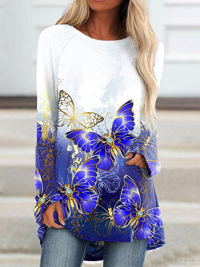  Damen Schmetterling Casual Wochenende Schmetterling Farbe Langarm T Shirt Rundhalsausschnitt Bedruckt Basic Oberteile Grün Blau Purpur S / 3D-Druck