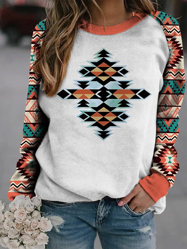  Dame Geometrisk Sweatshirt bluse Trykt mønster 3D-udskrivning Daglig Sport Etnisk Gade Hættetrøjer Sweatshirts Hvid