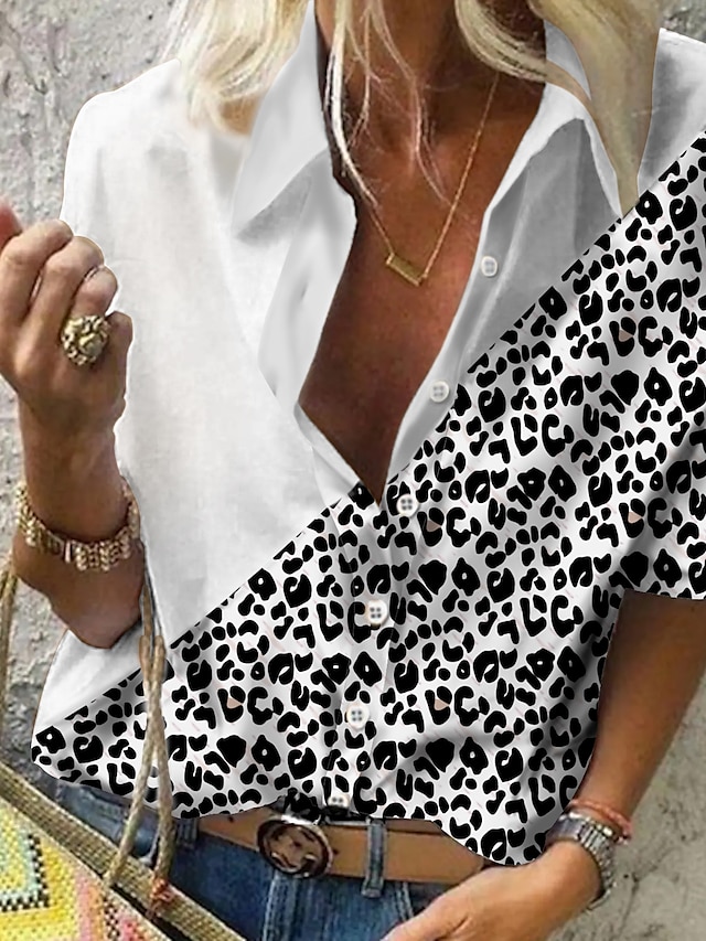  Dame Bluse Skjorte Fargeblokk Leopard Gepardmønster Langermet Skjortekrage Topper Hvit Svart Brun