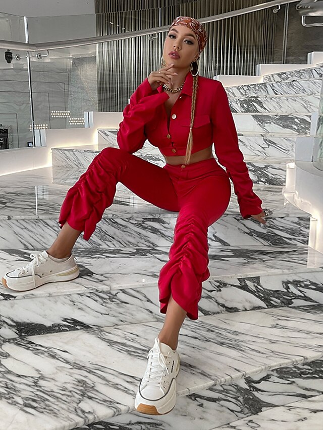  Women's Streetwear Solid Color Two Piece Set Pant Blouse Tops
