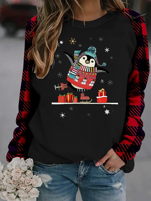  Women's Christmas T shirt Plaid Graphic Prints Long Sleeve Patchwork Print Round Neck Tops Basic Christmas Basic Top Black