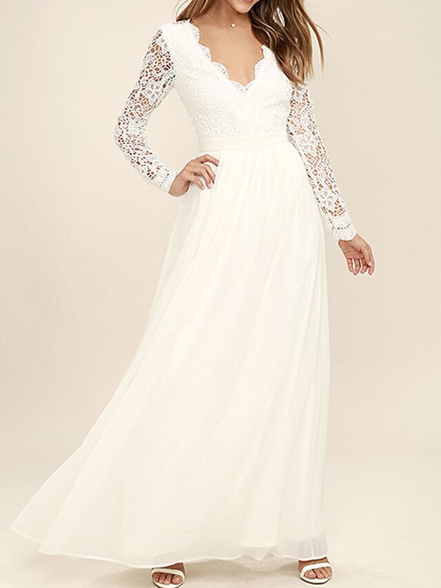  Women's Chiffon Dress Maxi long Dress White Long Sleeve Solid Color Lace Fall Winter V Neck Hot Elegant Romantic Prom Dress Party 2022