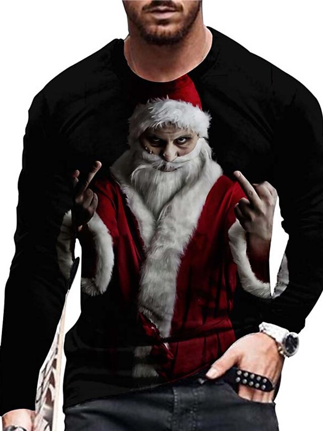  Camiseta unisex para hombre con estampado 3d, estampado gráfico de Papá Noel, tops de manga larga, diseñador informal, grande y alto, negro