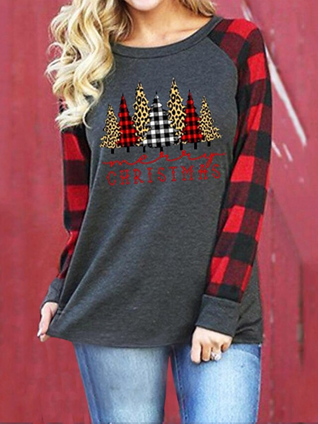  Women's Gift Weekend T shirt Tee Painting Long Sleeve Plaid Graphic Color Block Round Neck Print Basic Tops Red S / 3D Print