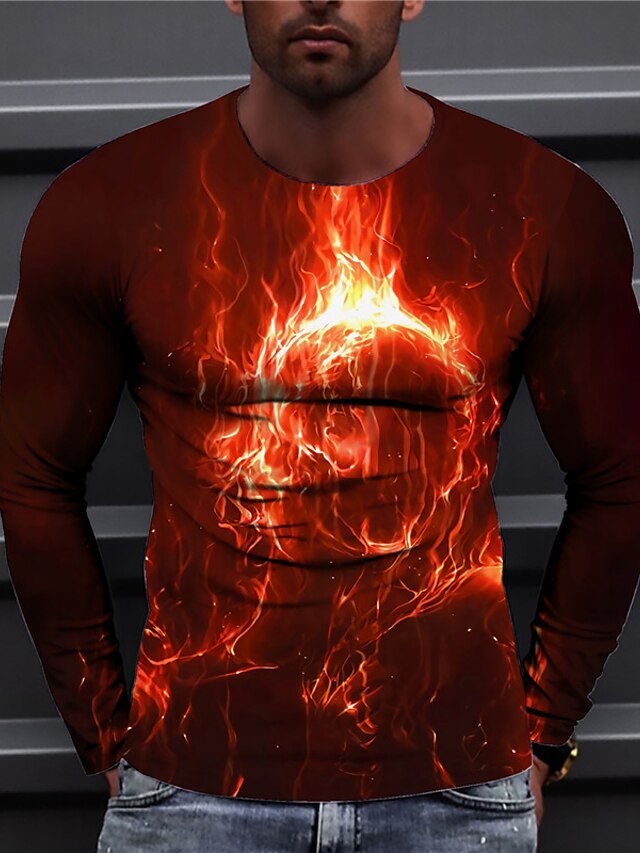  Hombre Unisexo Camiseta Estampados Fuego Impresión 3D Cuello Barco Diario Festivos Manga Larga Estampado Tops Casual De Diseño Grande y alto Naranja