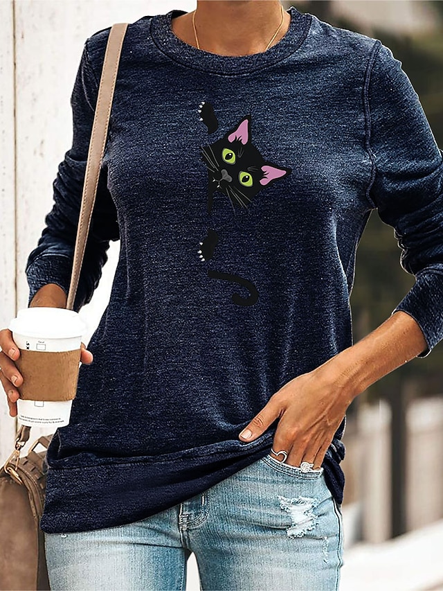  Women's T shirt Cat Painting Cat Animal Round Neck Print Basic Halloween Tops Blue Gray Green
