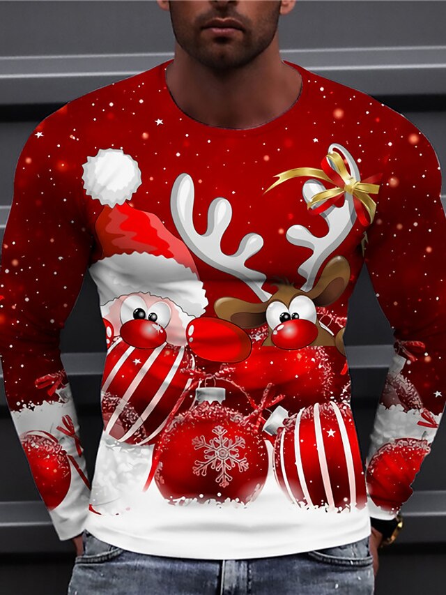  Camiseta unisex para hombre con estampado 3d, estampados gráficos, estampado de Papá Noel, tops de manga larga, diseñador informal, grande y alto, rojo
