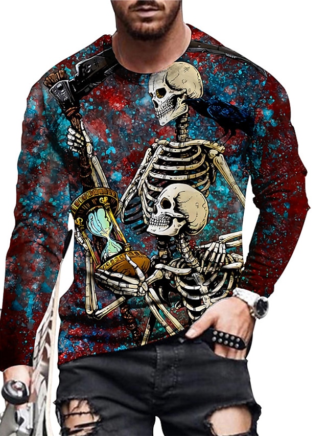  Men's Unisex T shirt Graphic Prints Skull Skeleton 3D Print Crew Neck Daily Holiday Long Sleeve Print Tops Casual Designer Big and Tall Blue