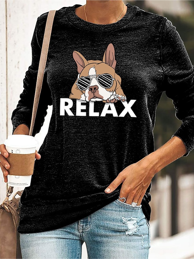  Women's Cartoon Dog Letter Casual Daily Long Sleeve T shirt Tee Round Neck Print Basic Essential Tops Green Black Blue S