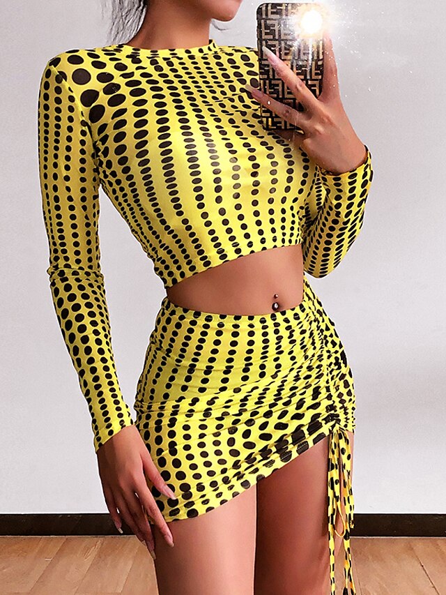  Women's Sexy Streetwear Polka Dot Casual Daily Two Piece Set Skirt Mini Skirt A-Line Skirt Crop Top Skirt Sets Ruched Drawstring Print Tops