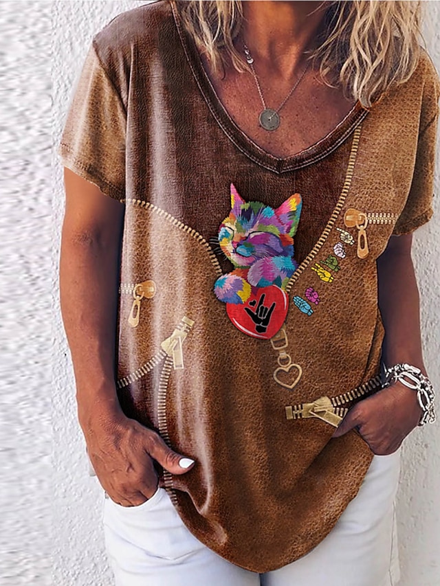  Dame T-shirt Kat Maleri Kat 3D V-hals Trykt mønster Basale Toppe Brun