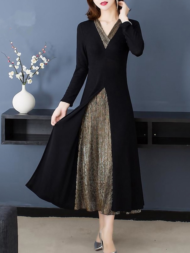  Women's Maxi long Dress A Line Dress Black Wine Long Sleeve Split Patchwork Pure Color V Neck Spring Summer Elegant Casual Vintage 2022 L XL XXL 3XL 4XL 5XL