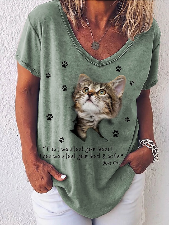  Women's Cat Text Daily Weekend Cat Painting Short Sleeve T shirt Tee V Neck Print Basic Essential Tops Green M