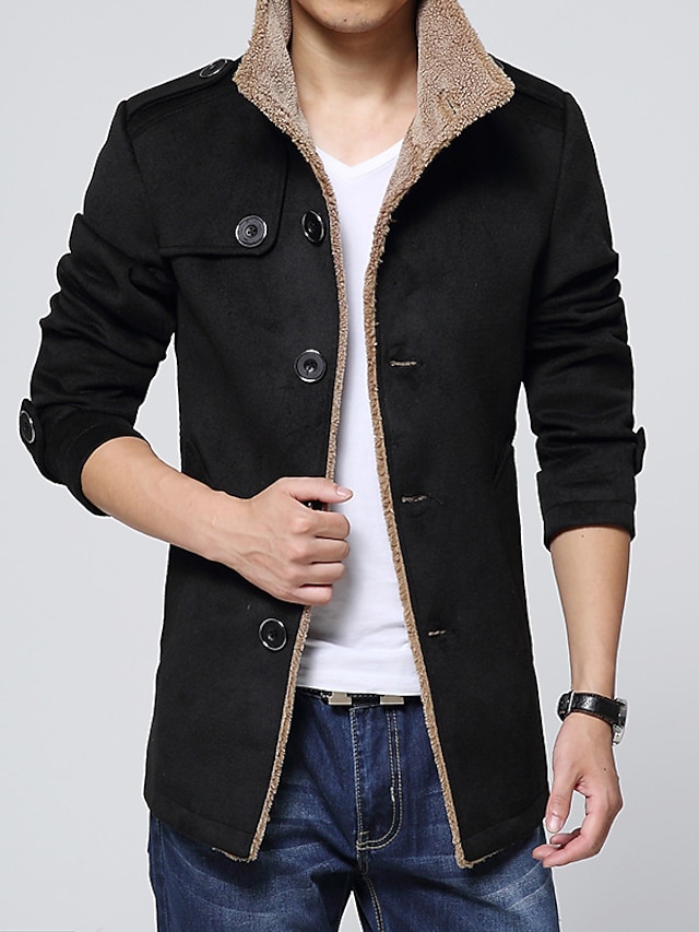 Men's Jacket Winter Daily Regular Coat Shirt Collar Slim Basic Jacket Long Sleeve Solid Colored Navy Blue Khaki Black / Faux Fur